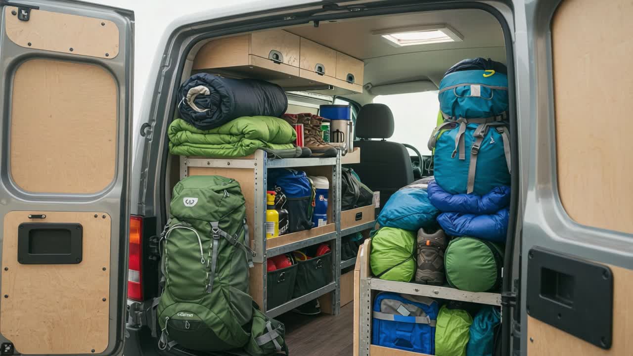 Adventure Awaits: An Organized Van Conversion Perfect for Camping and Outdoor Activities with Essential Gear Arranged Neatly Inside