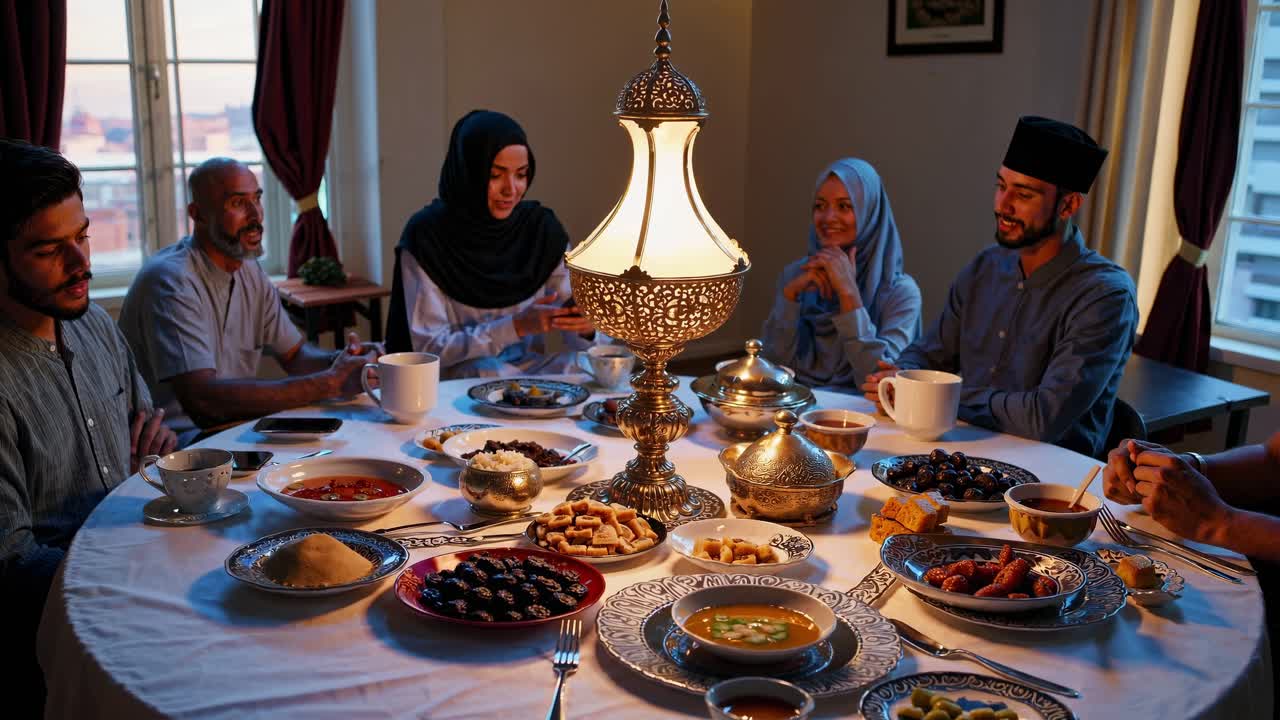 los miembros de la familia se reúnen alrededor de una mesa, disfrutando de una cena tradicional de iftar, celebrando el ramadán con comida deliciosa y conversación cálida