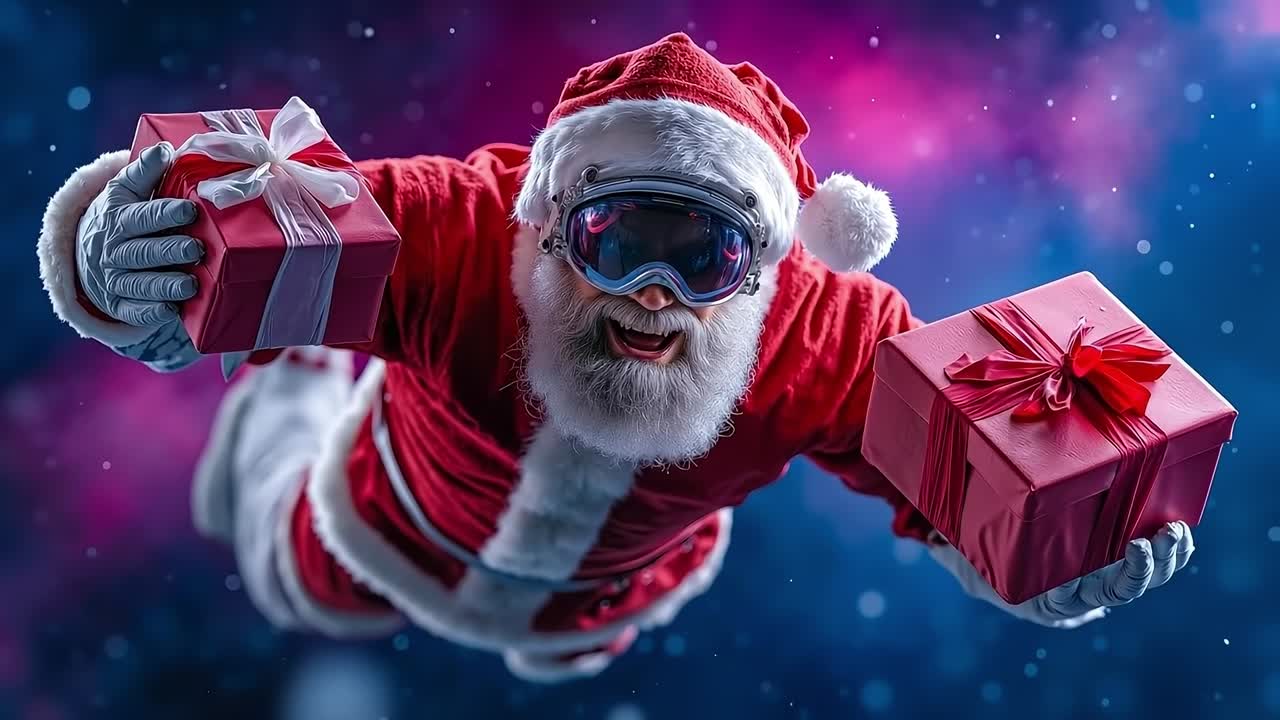 A santa claus in a santa suit holding two presents in his hands