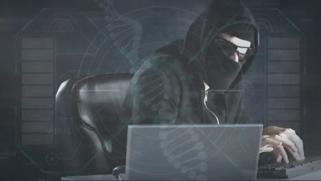 animación de procesamiento de datos sobre hacker caucásico en la sala de servidores