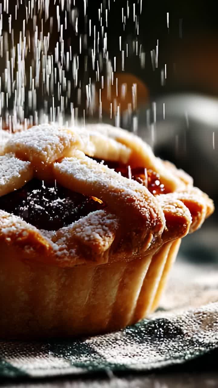 A freshly baked pie dusted with powdered sugar, showcasing its beautiful flaky crust and rich filling, perfect for any dessert lover's table or celebration
