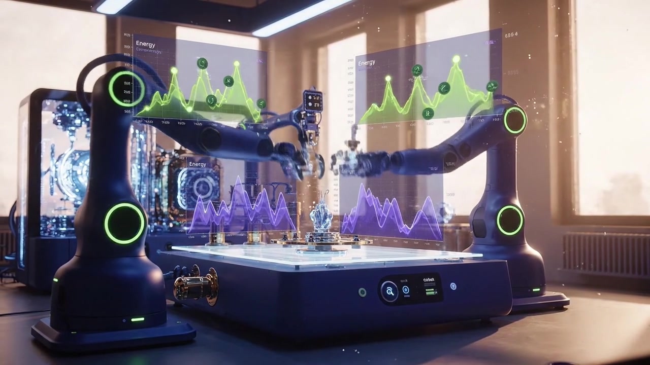 Advanced Robotic Arms Analyzing Holographic Data in a Modern Lab