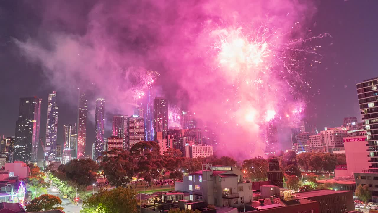 Spectacular Fireworks Display over Melbourne Skyline at Night