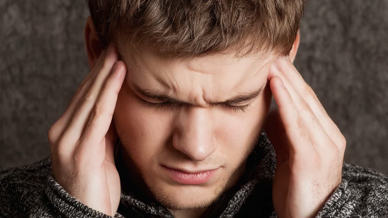 Un giovane uomo sofferente per un intenso dolore alla testa, che esprime angoscia e disagio mentre spera di trovare sollievo dal suo forte mal di testa e dai sintomi correlati