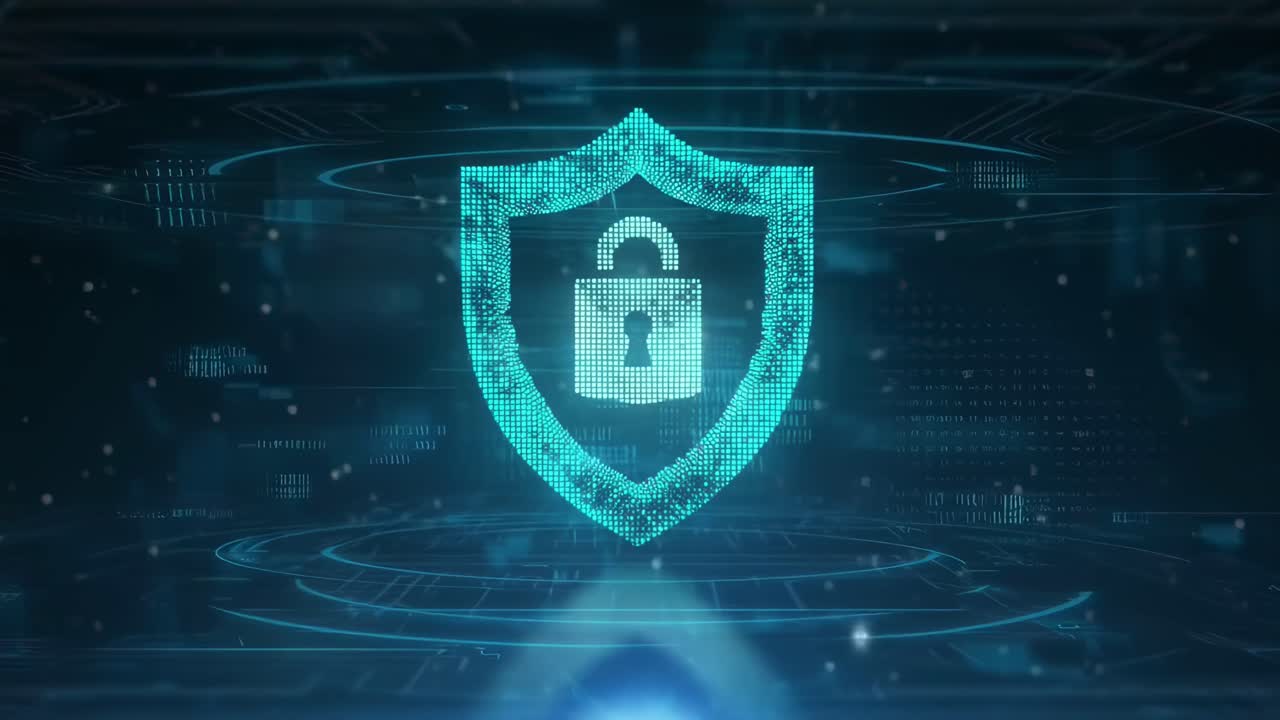 Futuristic video concept with a digital lock shield, front view, glowing tech style