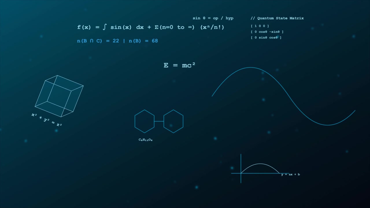 Formule matematiche e equazioni scientifiche animate su sfondo scuro