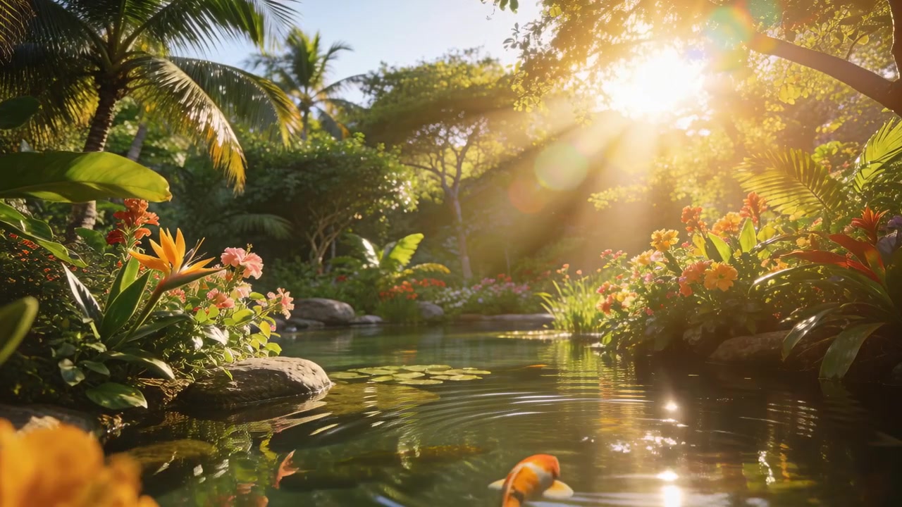 Pesci koi arancioni che nuotano, reagendo alla luce solare, spostandosi verso una vista dal basso di uno stagno da giardino, creando increspature.