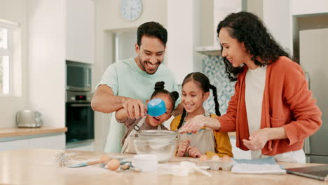 flour, recipe and a family baking in the kitchen