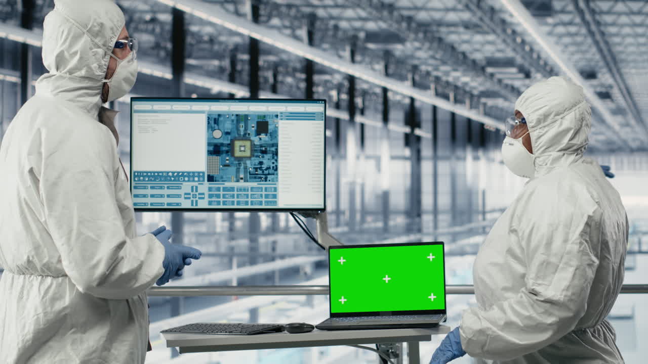 Green screen monitor used by technicians in factory developing microchips