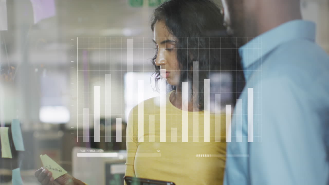 Animation of financial data processing over diverse businesspeople in office