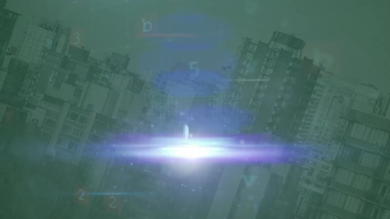 Animation of light trails and cyber attack warning over cityscape