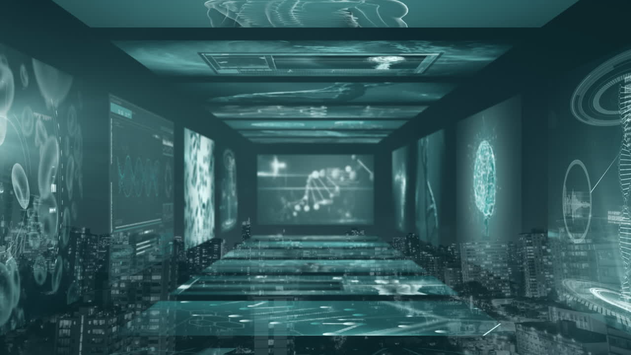 녹색 배경에 대한 의료 데이터 처리의 화면과 함께 터널의 디지털 애니메이션