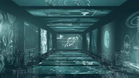 animación digital del túnel con pantallas de procesamiento de datos médicos contra un fondo verde