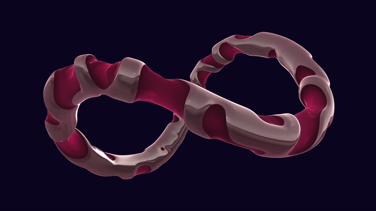 Dynamic 3D of a twisted infinity loop shape with glossy organic surfaces in pink and cream tones, rotating slowly against dark background, ideal for technology, science or creative design projects