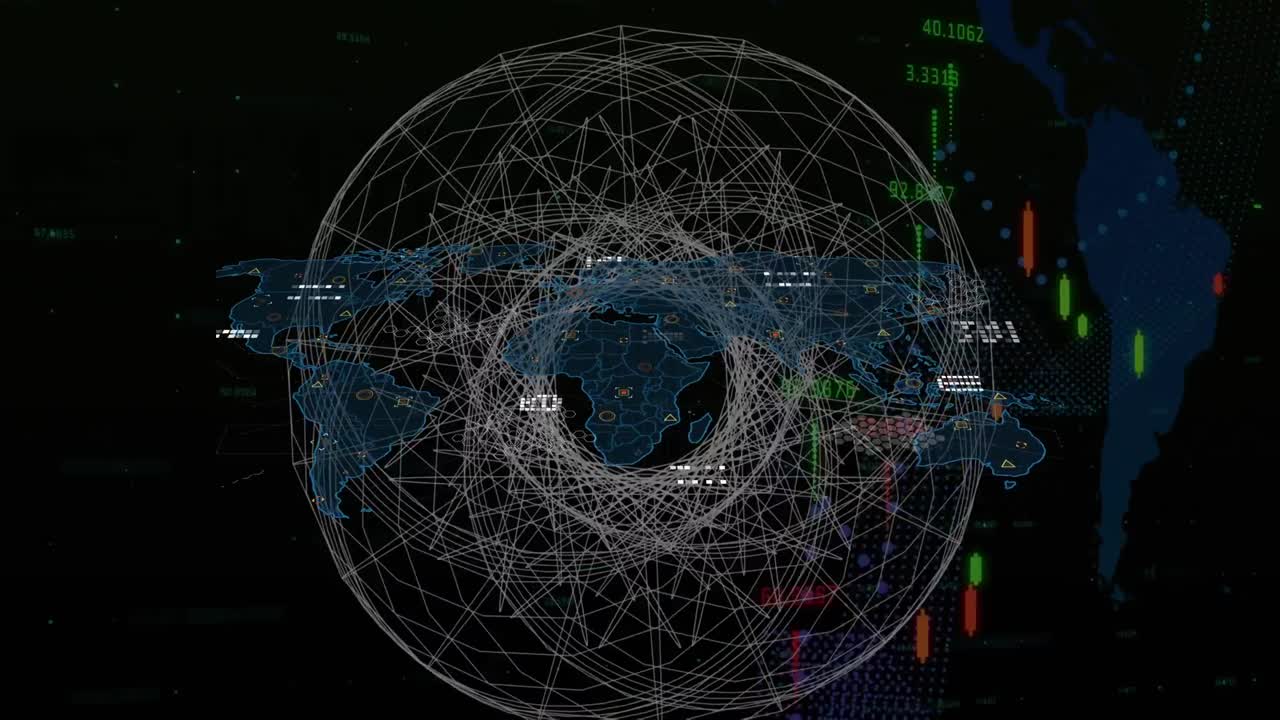 animación de gráficos un procesamiento de datos sobre alcance 3d y mapa del mundo en fondo negro