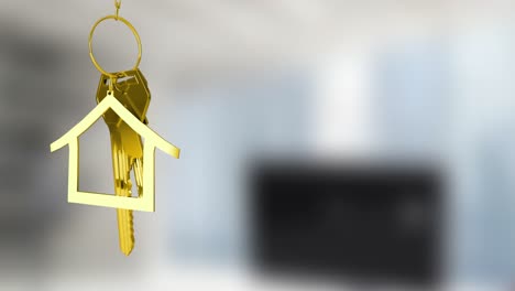 Animation-of-key-with-house-key-chain-over-blurred-background