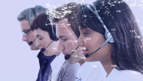 Animation-of-globe-with-network-of-connections-over-business-people-using-phone-headsets