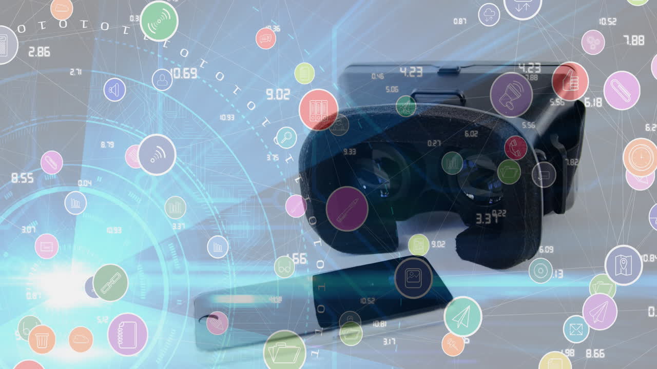 디지털 아이콘과 스 ⁇ 의 애니메이션 스캔 vr 헤드 ⁇ 을 배경으로