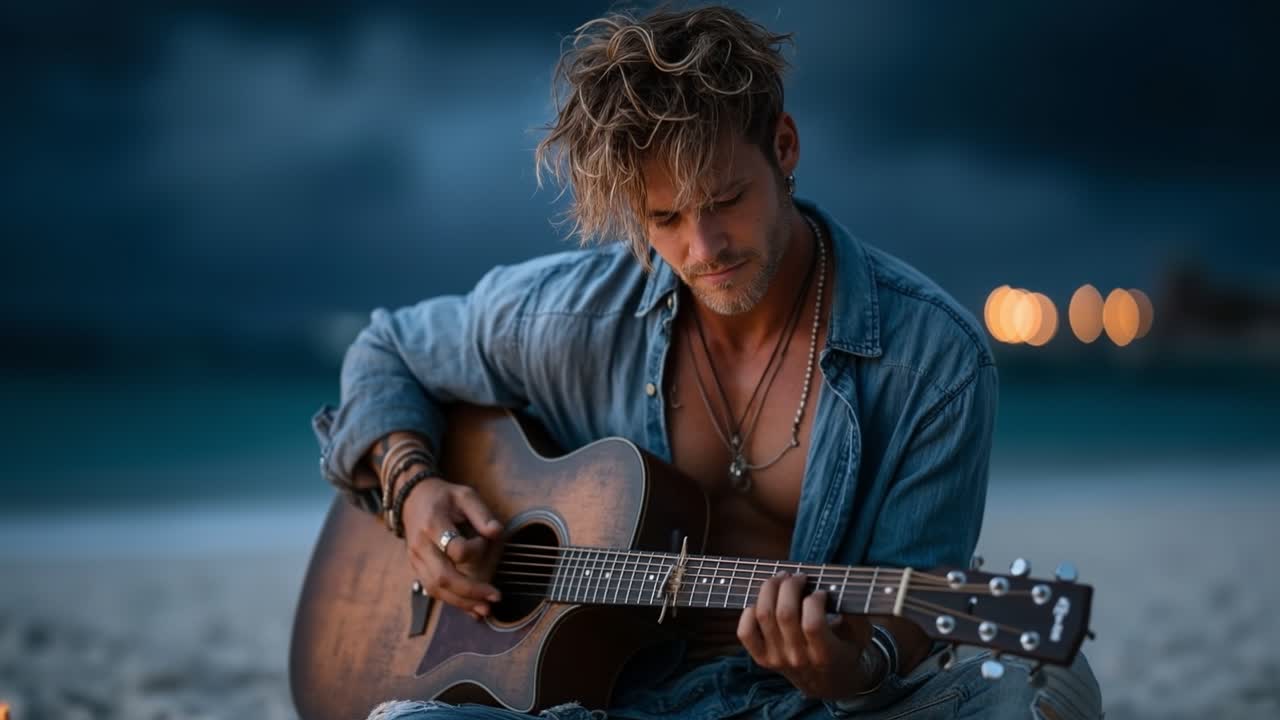 Junger Mann spielt Akustikgitarre am Strand an einem Sommerabend.