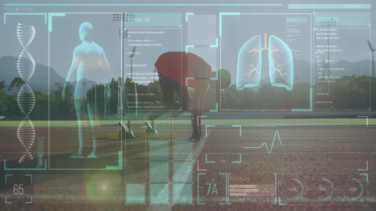 러닝 트랙에서 러닝 블레이드를 가진 장애인 남성 운동 선수에 대한 디지털 데이터 처리 애니메이션