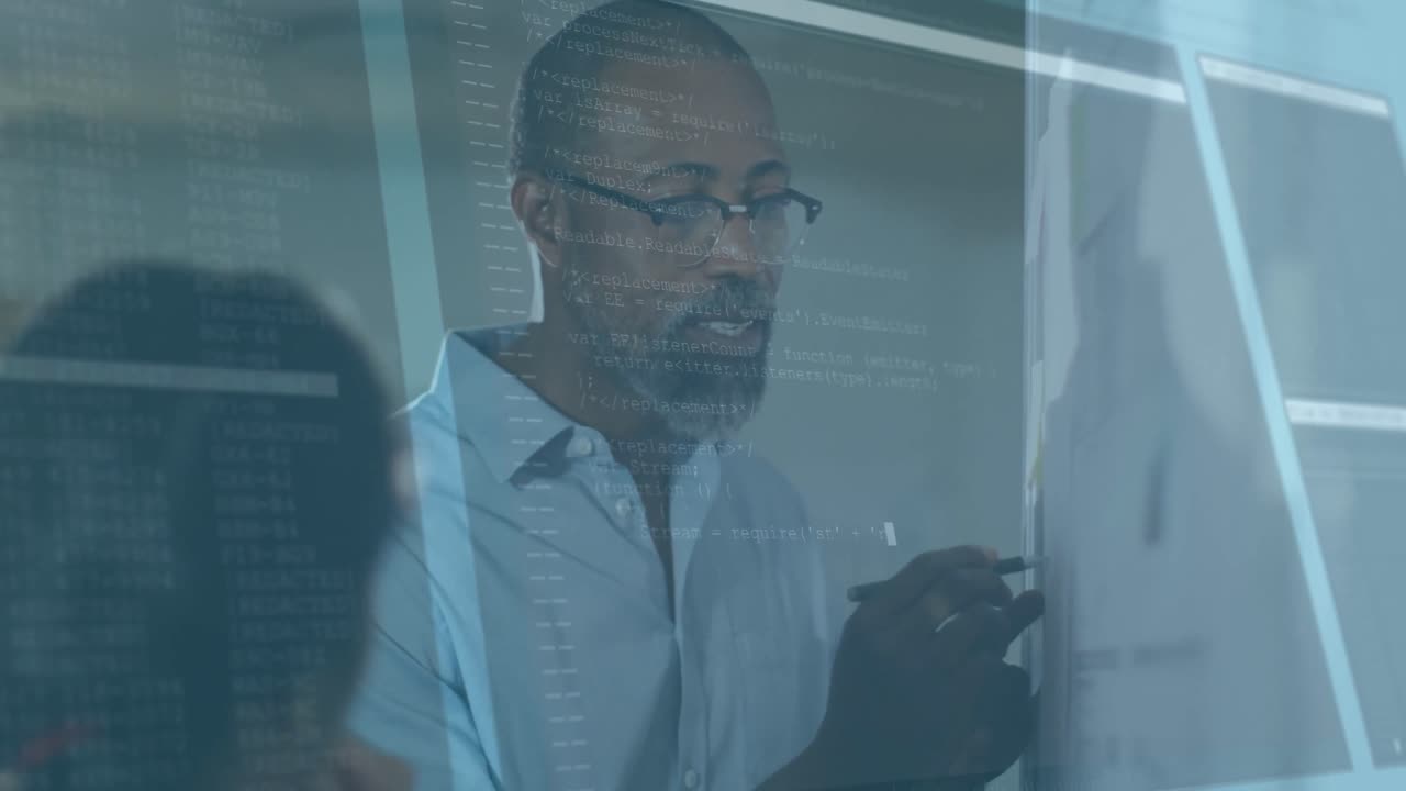 Animation of data processing over business people discussing in office