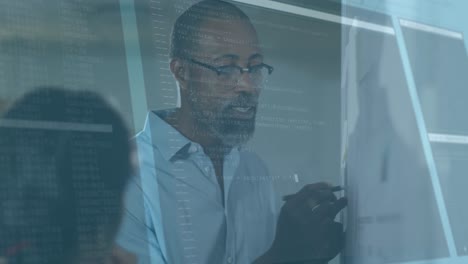 animation of data processing over business people discussing in office