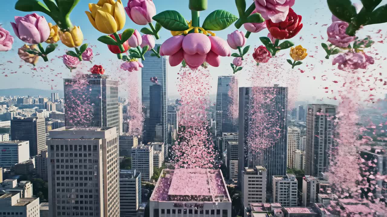 Cityscape with Floating Flowers