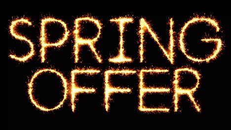 spring offer text sparkler writing with glitter sparks particles firework on black 4k loop