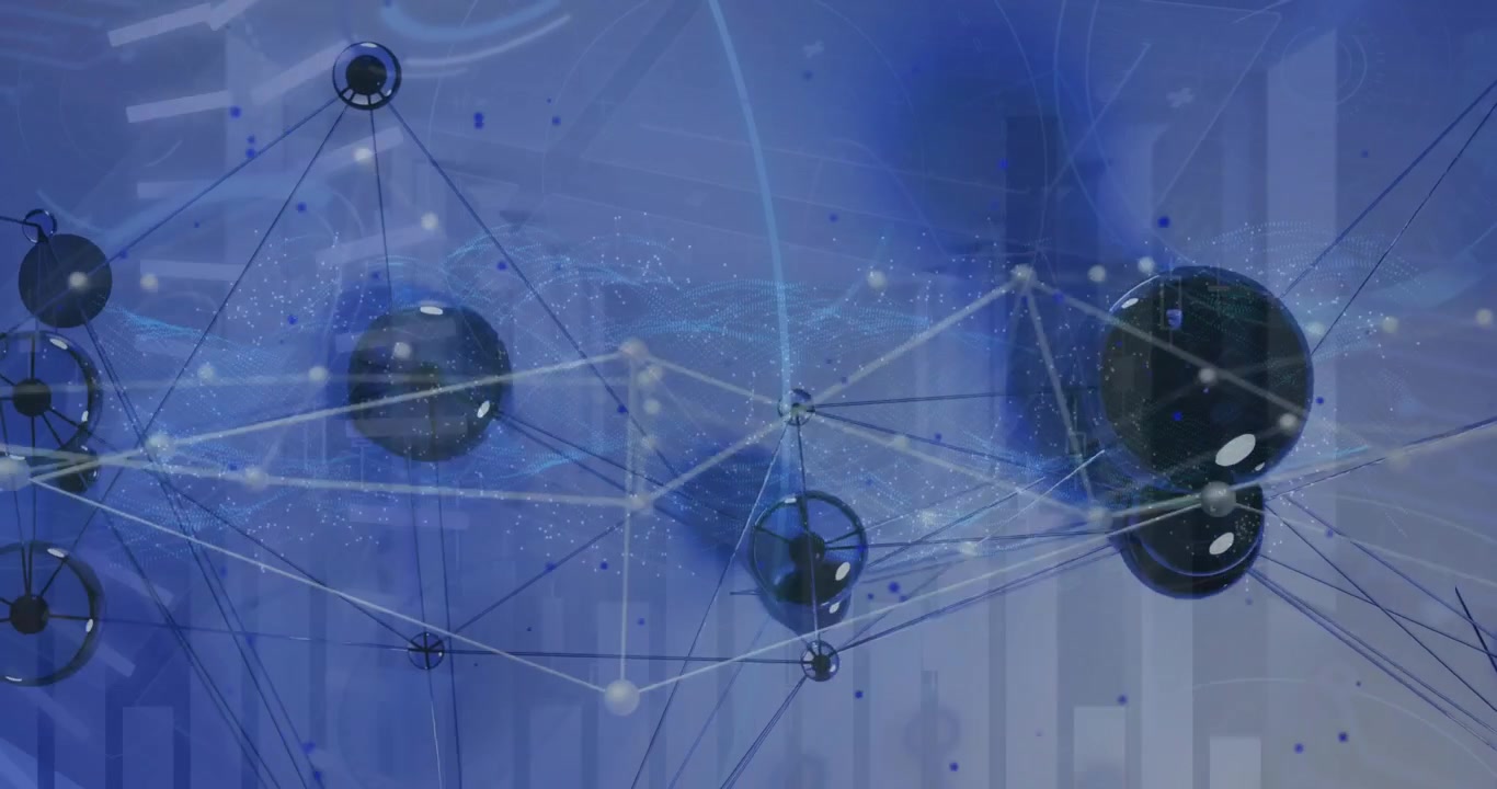 Animation of network of connections and data processing over blue background