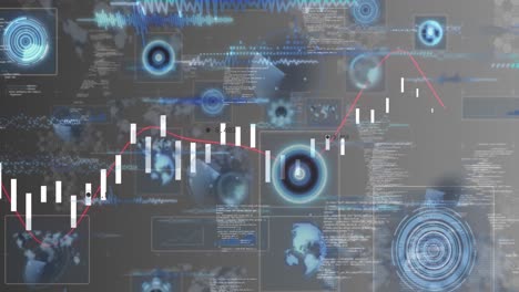 animación de escáneres redondos y procesamiento de datos contra un fondo gris
