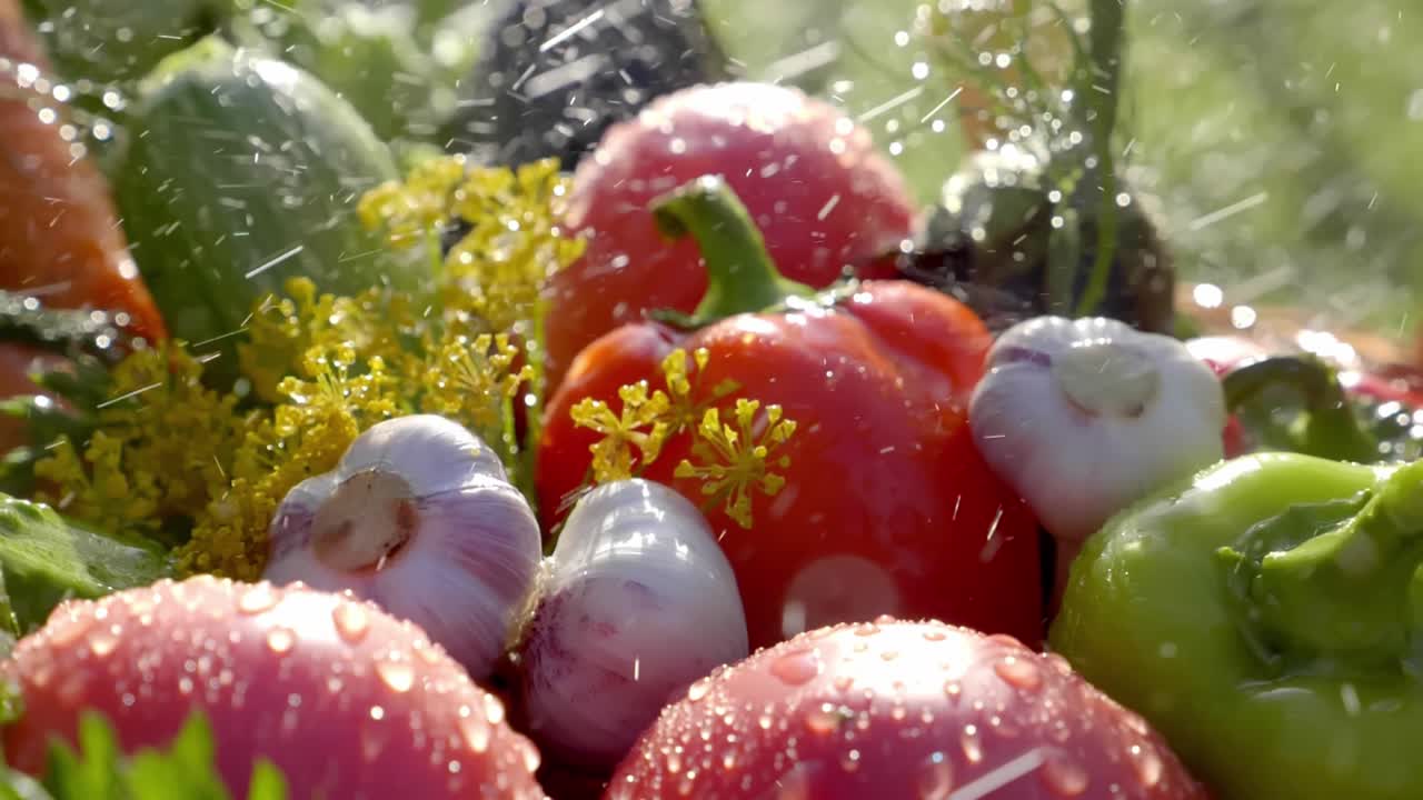 Freshly Harvested Vegetables with Water Drops