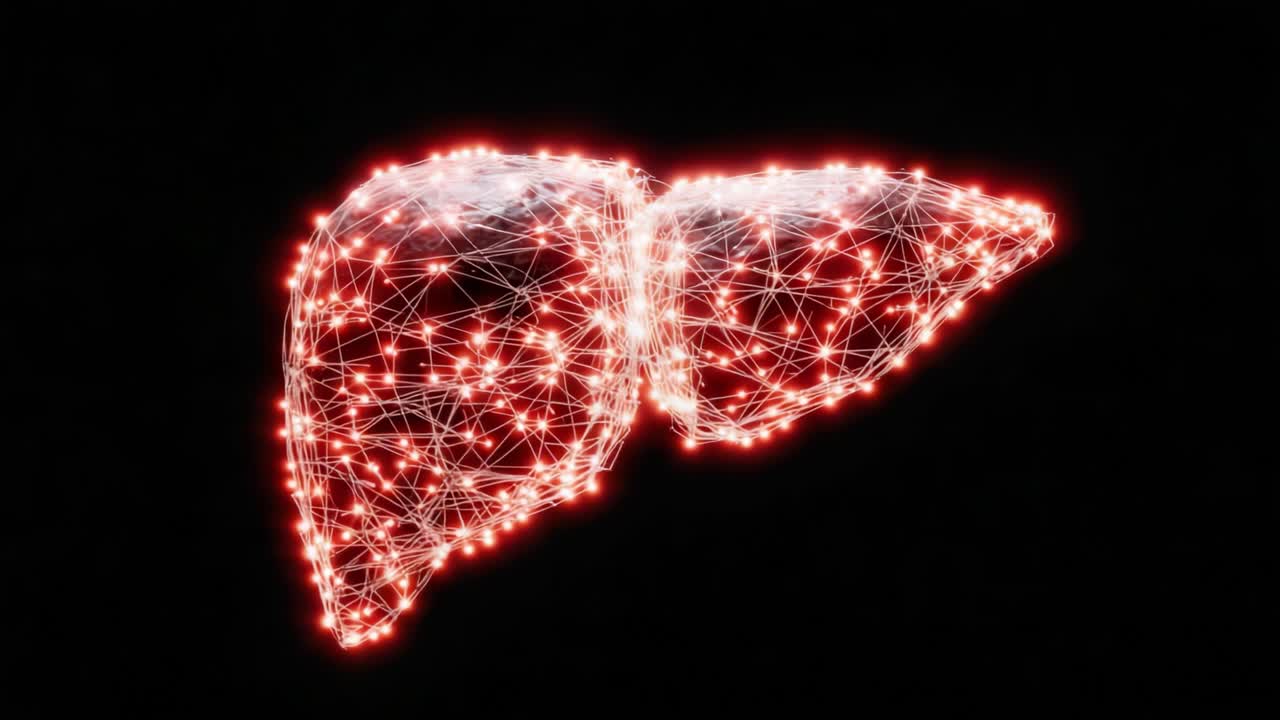 Visual Representation of a Digital Liver Model Highlighting its Complex Structure with Networked Connections, Symbolizing Advanced Medical Research and Technology Integration