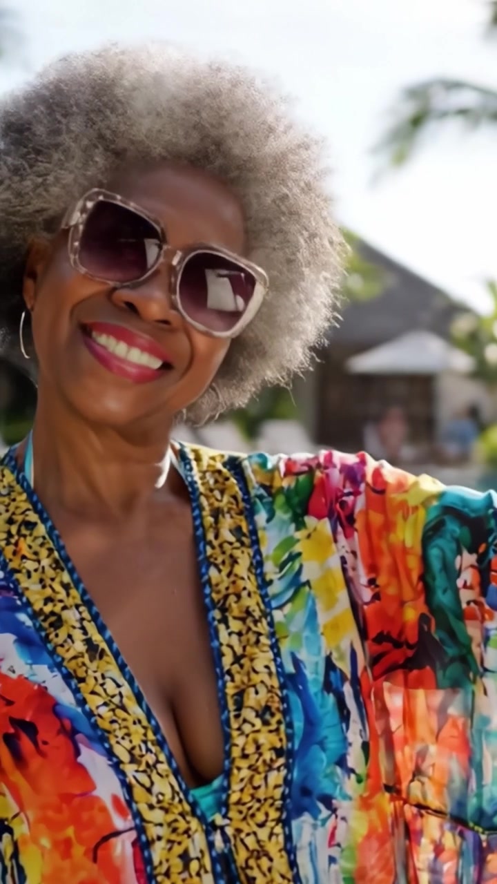 Donna gioiosa che si gode una giornata vivace in piscina, che indossa una vestaglia colorata e occhiali da sole alla moda, catturata con un sorriso luminoso e un'atmosfera rilassata.