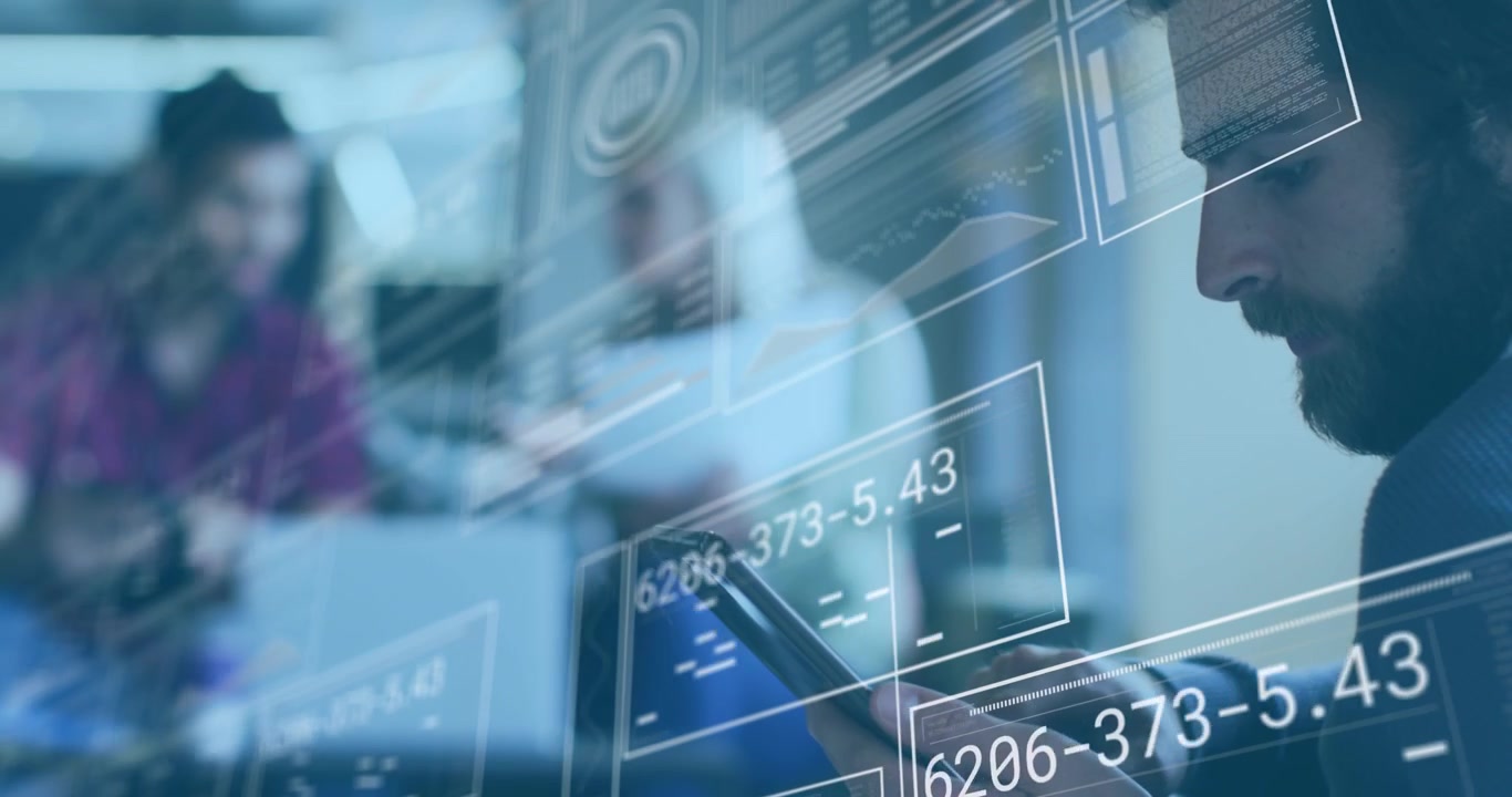 Professional Using Smartphone with Digital Data Overlay in Modern Office