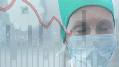 animation of statistics and data processing over caucasian female surgeon