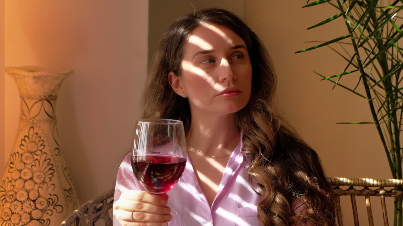 Primo piano di una donna che assapora un bicchiere di vino rosso in cucina, alla luce del giorno