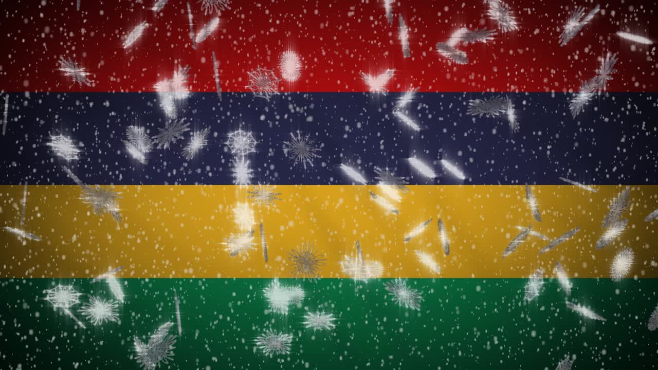 Mauritius flag falling snow loopable, New Year and Christmas background, loop