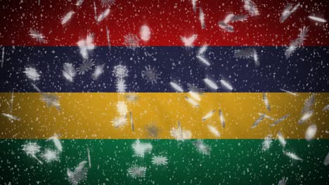mauritius flag falling snow loopable, new year and christmas background, loop