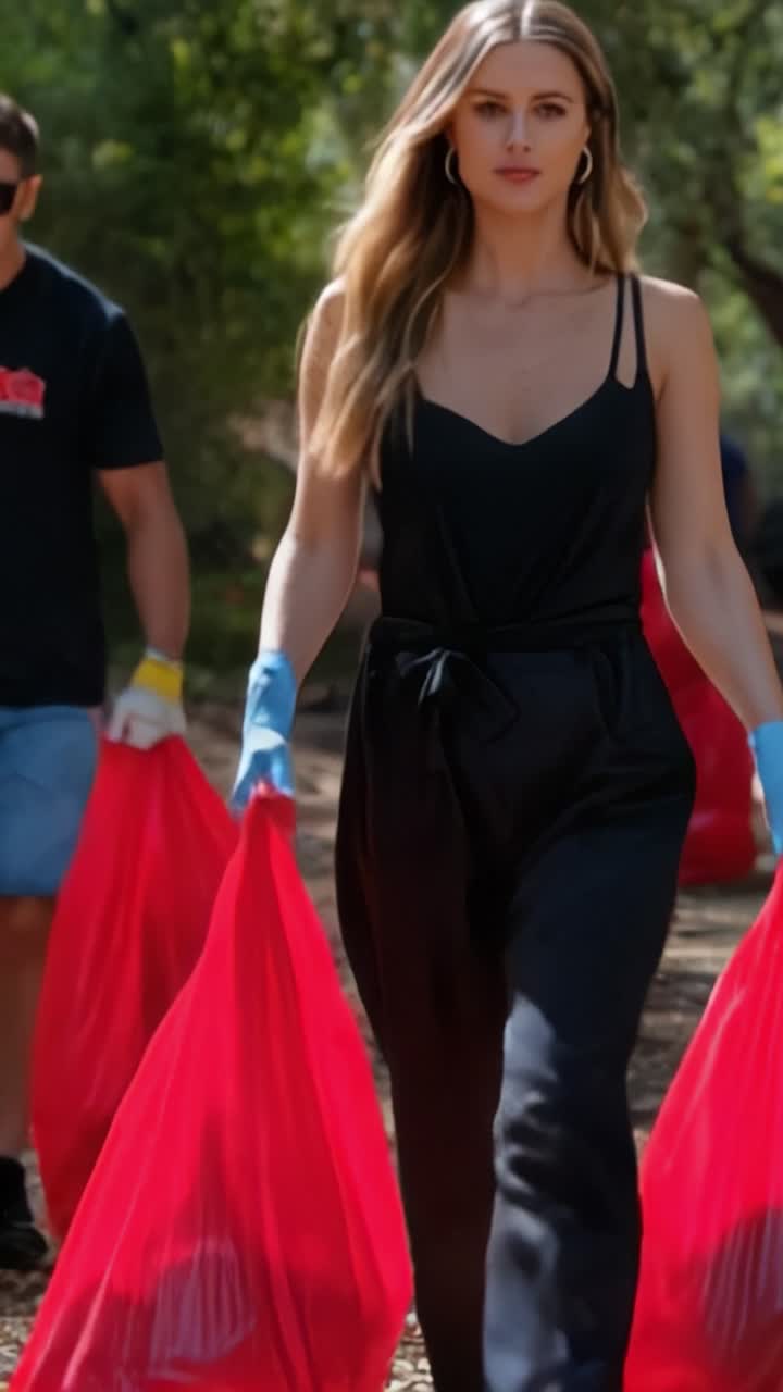 Community Cleanup Effort: Volunteers Collecting Litter in Red Bags Along Scenic Trail to Promote Environmental Awareness and Maintain Natural Beauty