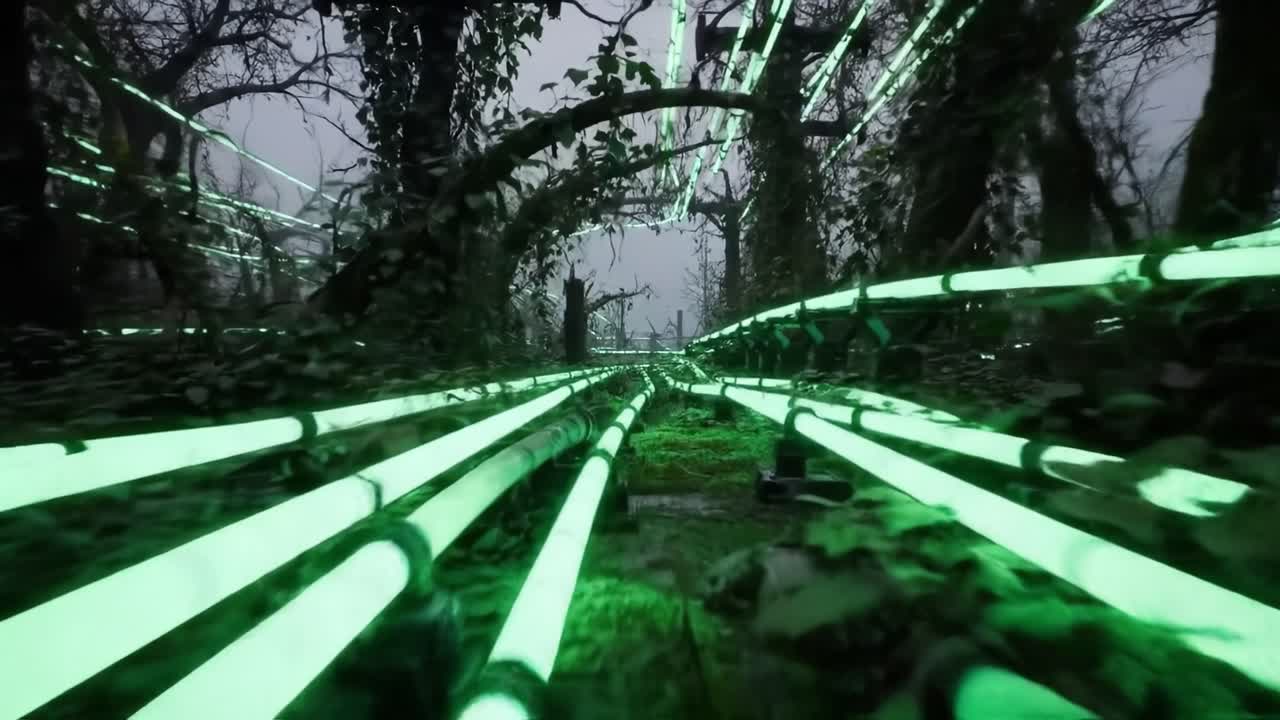 An abandoned forest pathway is filled with glowing green lights, intertwined with thick vines and plants. Nature reclaims the area as the lights create an ethereal atmosphere, drawing curiosity.