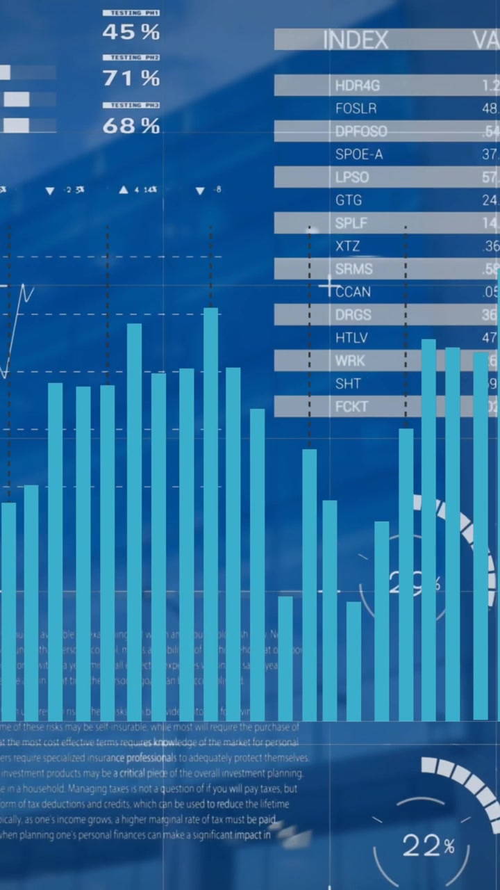 Animation af statistisk databehandling mod lavvinkelbillede af høje bygninger.