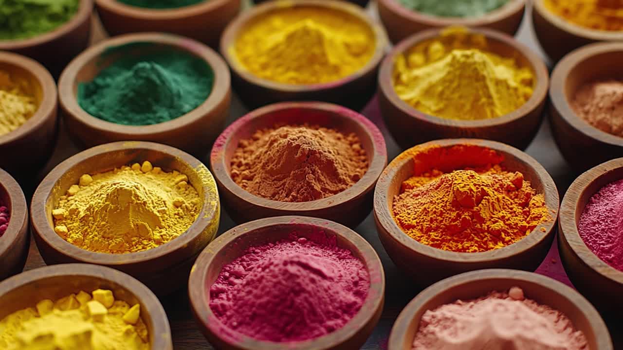 A vibrant display of colorful spices in wooden bowls