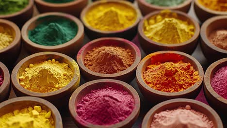 a vibrant display of colorful spices in wooden bowls