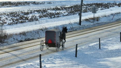 amish horse and buggy on rural road with snow in winter