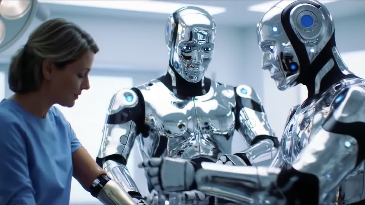 A Futuristic Interaction: A Medical Scene with Robots Collaborating with a Healthcare Professional in a High-Tech Environment