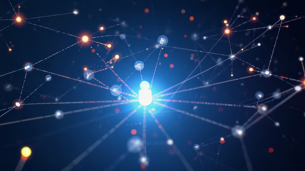 Brightening humanoid hub pulsing and sending rays, lighting nodes and spreading data in navy space
