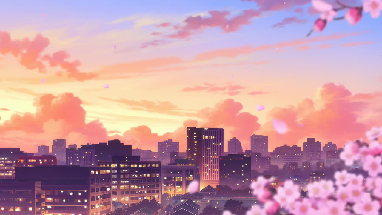 Horizonte da Cidade ao Pôr do Sol Com Flores de Cerejeira, Nuvens em Tons Pastel e Luz Dourada Banhando Telhados Residenciais