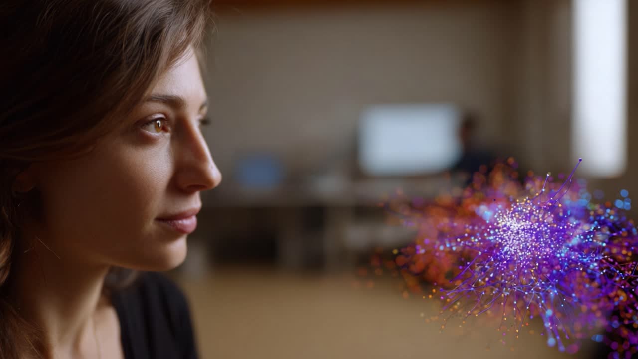 A Woman's Contemplative Expression Illuminated by Abstract Sparks of Color, Symbolizing Creativity and Thought in a Softly Lit Room
