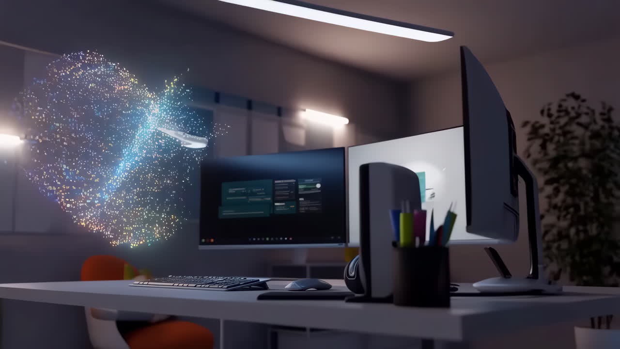 Digital data visualization on multiple monitors in a modern office workspace