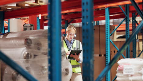 woman working in a warehouse, using a tablet to check inventory